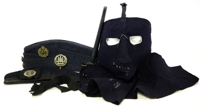 WWII RAF BOYS BRIGADE ENFIELD BAYONET & MORE LOT: Includes RAF WWII side forage cap with badge and buttons, broad arrow marked and dated 1943, size 6 7/8, small surface mothing, Boys Brigade, Glen Garry style cap size 7 very good, balaclava style fac