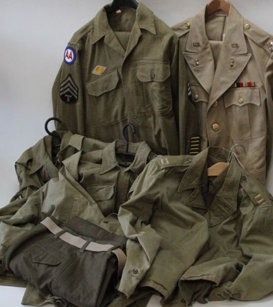 WWII US ARMY ENLISTED & OFFICER UNIFORM LOT OF 5: Includes Corporal jacket shirt and trousers, medium, Technical Corporal, jacket shirt and trousers, small, Captains jacke, shirt and trousers with Infantry crossed rifles metal and cloth rank insignia
