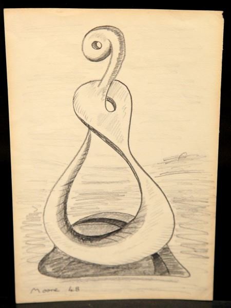 HENRY MOORE SKETCH - DRAWING SIGNED 1948: Signed sketch by artist, Henry Moore (1898-1986) depicting what appears to be a sculpture sketched in pencil. Signed in the bottom left corner "Moore 48". Measures approximately 11 inches by 7 inches.