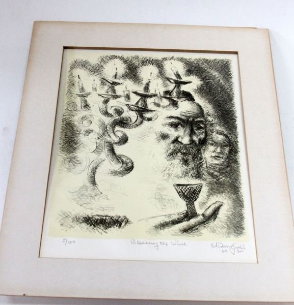 CHAIM GROSS SIGNED LITHOGRAPH BLESSING THE WINE: Chaim Gross (Austrian born American Sculptor, 1904-1991) "Blessing the Wine" signed and numbered 5/100 lithograph (1966). Heavy bond paper, pale yellow background with black ink. Image of two faces, h