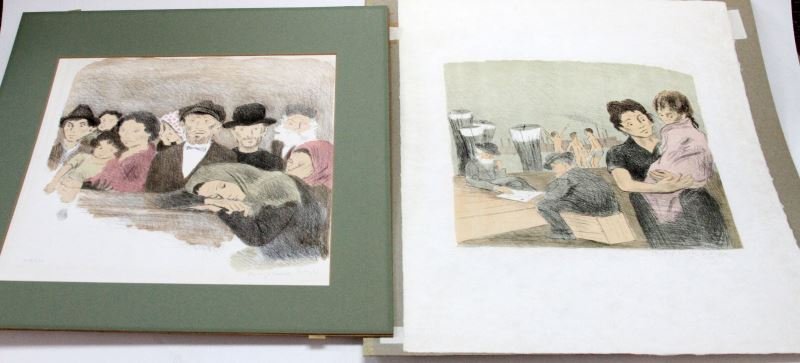 TWO RAPHAEL SOYER LITHOGRAPHS SIGNED & NUMBERED: 20th Century Social Realist, Russian-born American Artist Raphael Soyer (1899-1987). Two signed Chromolithographs: "Immigrants" 112/150, heavy bond paper, measures 24 by 22 inches in green matte frame