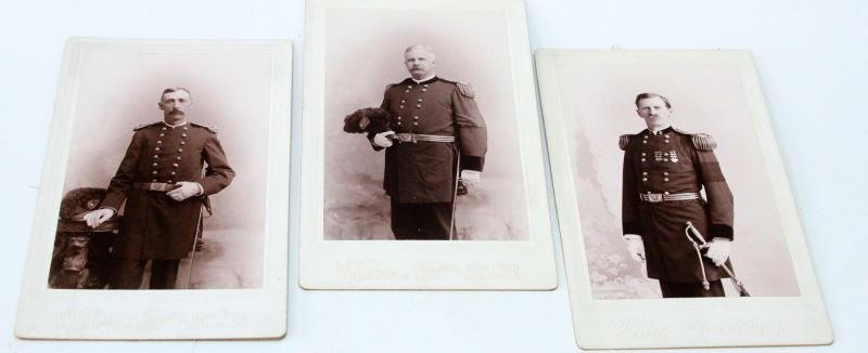 LOT OF THREE SPAN-AM OFFICER CABINET CARDS: Three unnamed cabinet cards (5 by 8.5 inches) by photographers in Concord (Kimball) & Keene(White) New Hampshire. Two of the three are wearing black arm bands on the left arm (for McKinley?) One is de