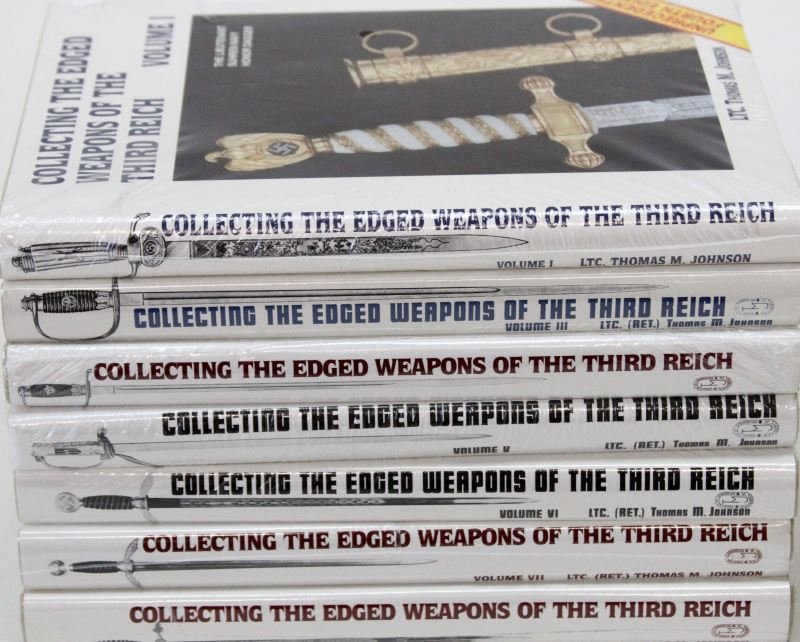 COLLECTING THE EDGED WEAPONS OF THE THIRD REICH: Seven-volume series by Lieutenant Thomas M. Johnson (retired US army) (Volumes I - VIII minus volume II (out-of-print). All wrapped in plastic, new condition. This lot has a reserve.