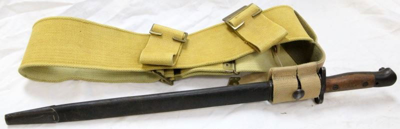 1907 BRITISH PATTERN BAYONET FROG & WEB BELT: Belt is broad arrow marked and dated 1917, the bayonet has 1916 clearing hole indicative of a 1917 manufacturer, very good armory stamped blade.