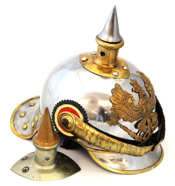 PRUSSIAN CUIRASSIER METAL PICKELHAUBE HELMET: Refurbished original helmet with original liner. Liner is in poor condition but retains cloth makers tag (Schied). Outer shell has been cleaned and polished, inside retains original paint. All parts a