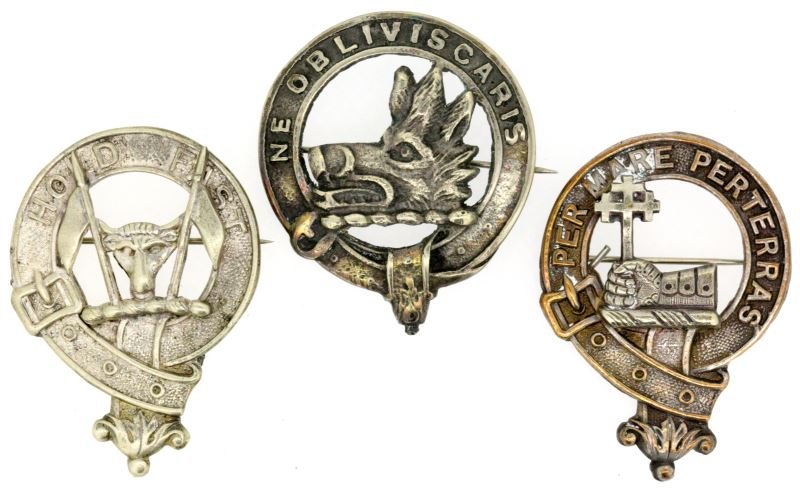ENGLAND & SCOTLAND PLAID BROOCH LOT OF 3: Three different complete two stamped made in Great Britain the other made in Scotland, Livery themed, 1.5 x 1.5 inches.