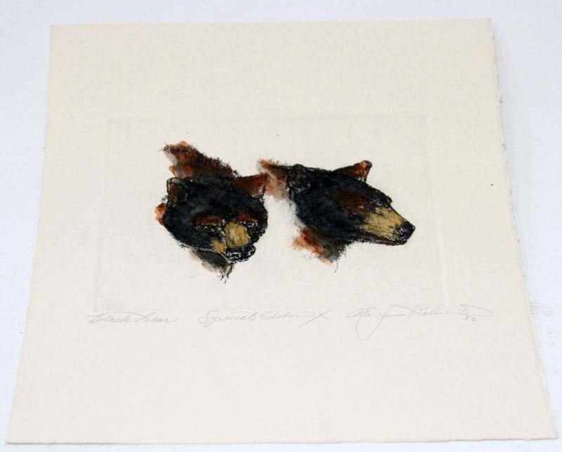 ALAN JAMES ROBINSON WATERCOLOR ETCHING OF BEARS: Watercolor/etching of black bears by artist, Alan James Robinson. Bottom is signed in pencil, "Black Bear", "Special Edition X" and "Alan James Robinson '82". Piece is approximately 11 by 12.25 inches