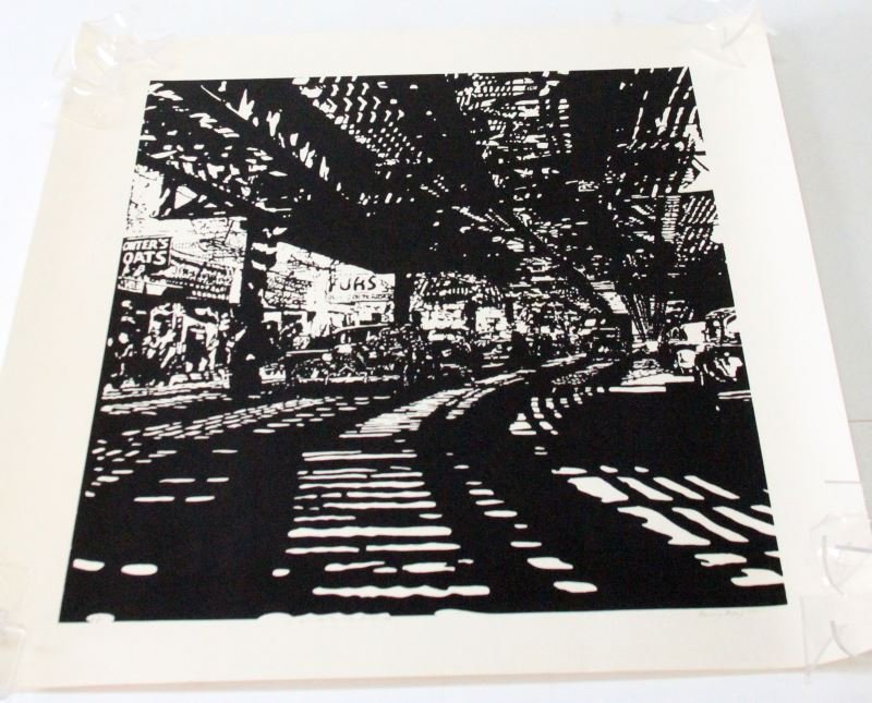 NANCY GRAY AP SILKSCREEN THE EL AT MYRTLE AVENUE: Chicago's El train is depicted in this silkscreen by Nancy Gray. On heavy bond paper. Signed and dated ('71) LR, titled in LC "The El at Myrtle Avenue" and marked "AP" in LL. In very good condition an