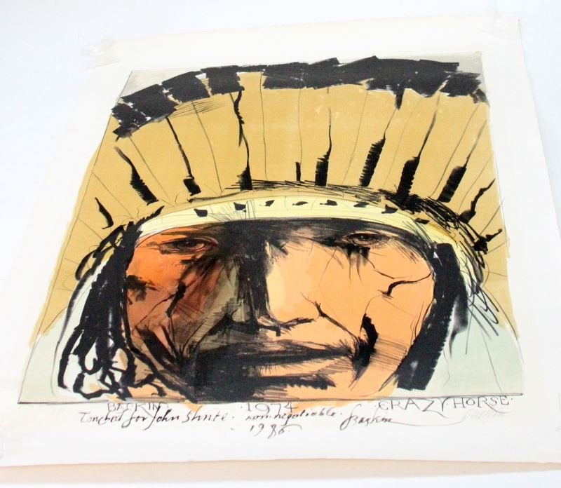 CRAZY HORSE BY LEONARD BASKIN TOUCHED PROOF LITHO: Leonard Baskin (American 1922-2000) Artist "touched" proof lithograph. Hand embellished by Leonard Baskin in 1986. Pencil signed (AP) then signed again with dedication "Touched for John Shute-non-nego