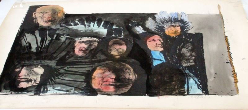 LEONARD BASKIN TOUCHED ARTIST PROOF LITHOGRAPH: "Indian faces" by Leonard Baskin (American 1922-2000). Artist Proof, pencil marked "AP" in LL, "touched" (embellished) in LC and signed "Baskin" in LR. Velin d' Arches paper 29.5 inches by 41.5 inches