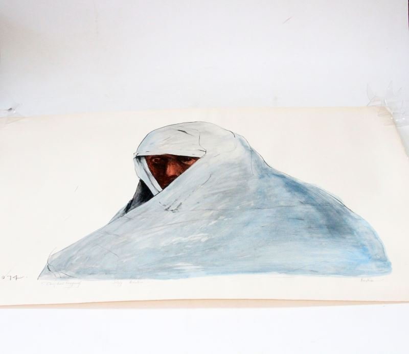 LEONARD BASKIN TOUCHED PROOF INDIAN WOMAN LITHO: "Cheyenne Woman in the robes of a secret society" 1974 by Leonard Baskin (American 1922-2000) "Touched Key proof" penciled in LL "Key Baskin" in LC and "Baskin" in LR. On Velin d'Arches paper 29.5 by