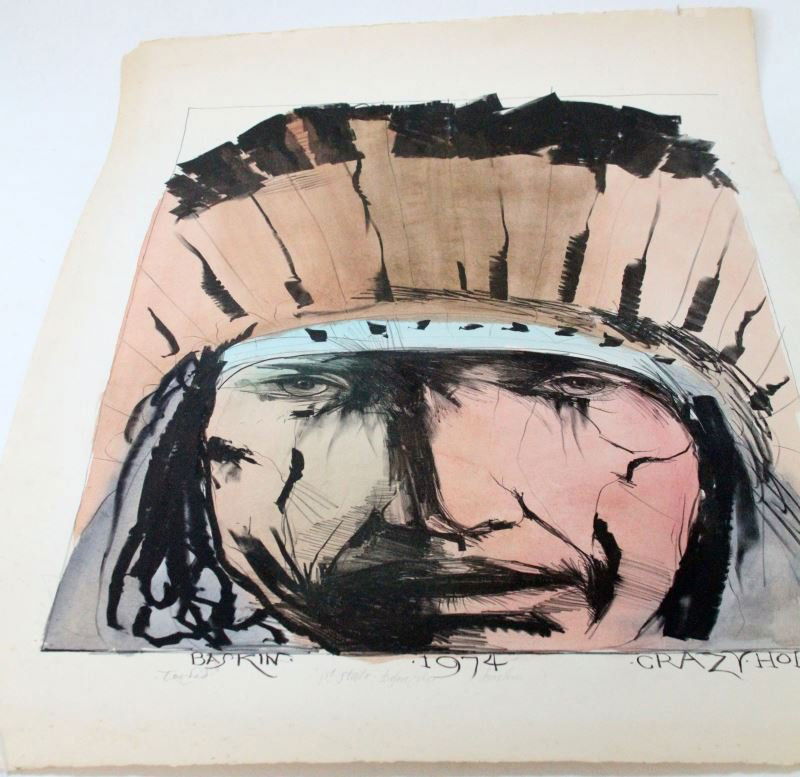 LEONARD BASKIN 1ST STATE TOUCHED CRAZY HORSE LITHO: Dated 1974 and pencil marked along bottom margin "Touched 1st state before color Baskin". Velin d Arches paper. 29.5 by 41 inches overall unframed. Some minor foxing and discoloration to paper at edge