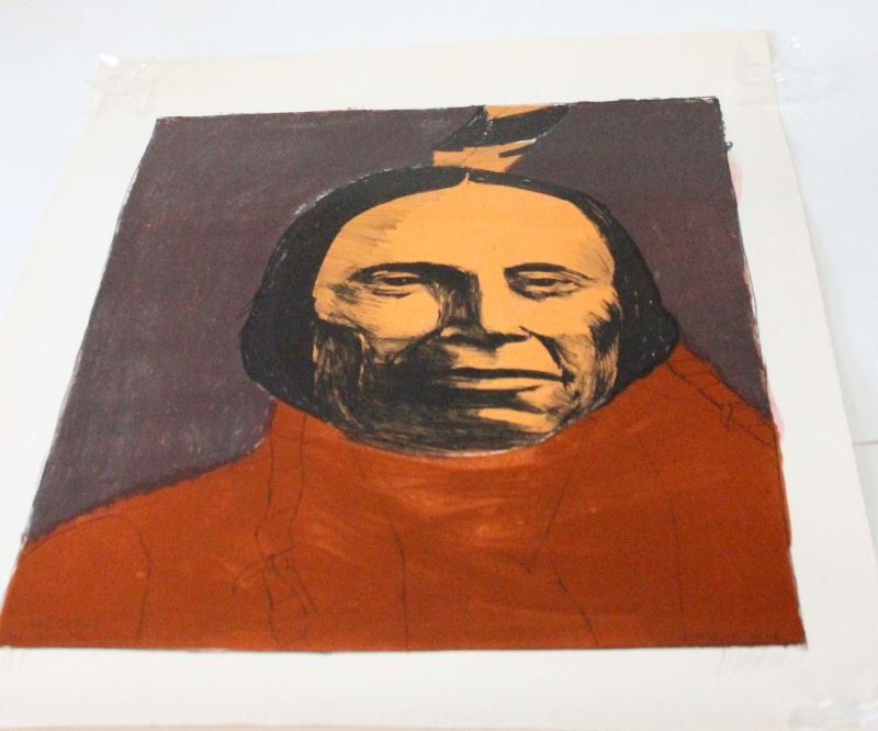 SIGNED LEONARD BASKIN RED COULD SIOUX AP LITHO: Red Cloud by Leonard Baskin (American 1922-2000), 1974 29.5 by 40 inches on Velin d'Arches paper. Pencil marked and signed along bottom margin "A.P." (LL) and signed "Baskin" (LR). Pressmans mark in e