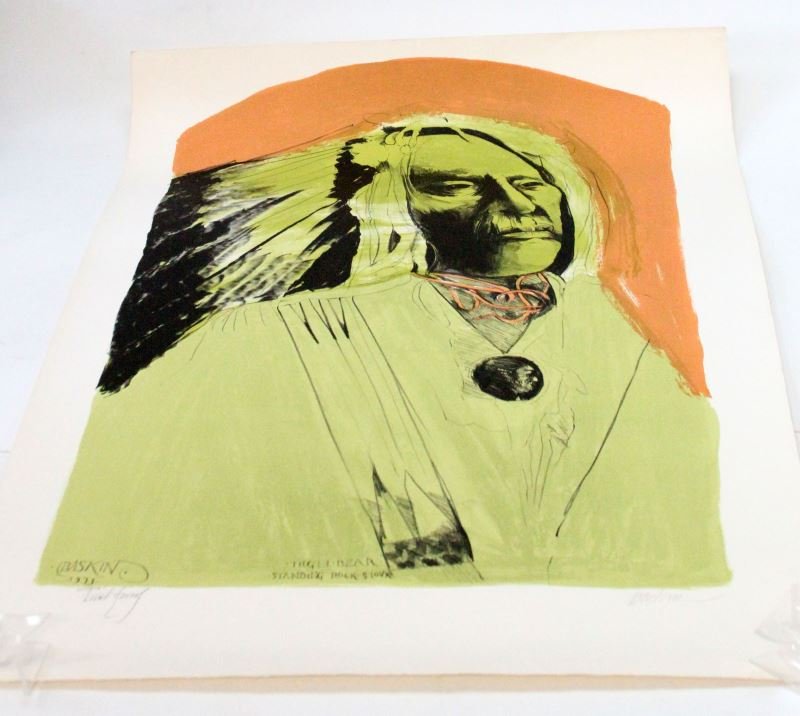SIGNED LEONARD BASKIN HIGH BEAR SIOUX 1973 PROOF: High Bear, Standing Rock Sioux, 1973 by Leonard Baskin (American 1922-2000). On heavy Velin d'Arches paper. From a private collection, acquaintance of the artist. In original unframed condition. Marke
