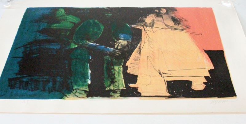 AT THE BUREAU ARTIST PROOF LITHO BY LEONARD BASKIN: "At the Bureau" by Leonard Baskin (American 1922-2000). 29.5 by 40 inches in original unframed condition. On Velin d'Arches paper. Pencil marked "A.P." in LL and signed "Baskin" in LR. From a private