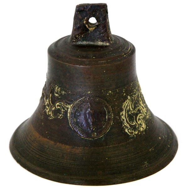 ANTIQUE 19TH CENTURY MEXICAN BRONZE MISSION BELL: Very good cast condition smaller bell standing just under six inches, with original clacker and drilled hole hanger, medal imbedded center of the bell,reads in part "Nuestra Senora Guadeloupe De Los M