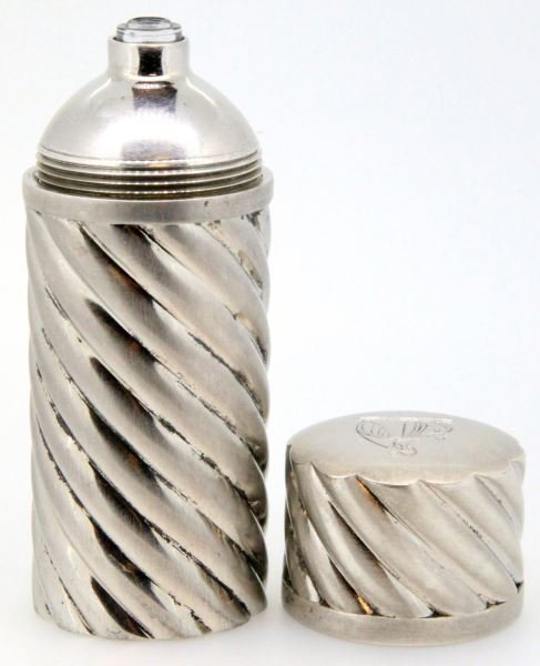 CHRISTOFLE SILVER PLATED LANVIN PERFUME BOTTLE: Vintage Christofle for Lanvin. Marked on top with Lanvin logo and carrying the "made in France" "Lanvin" "Christofle" and lion mark on bottom. Screw off lid exposes glass bottle (marked Lanvin France)