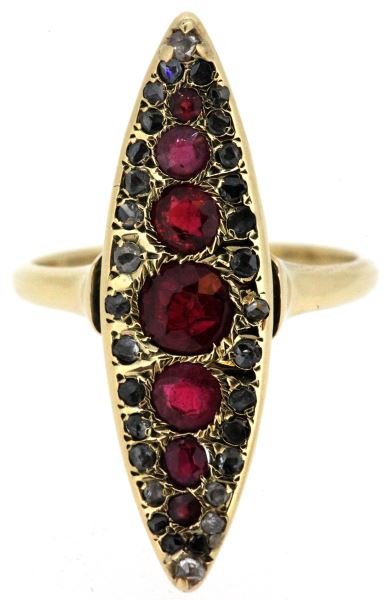 LADIES ANTIQUE 14KT YG RED SPINEL & DIAMOND RING: Classic low profile design, elongated marquise shape mounting top, 30.7mm long. Contains in center seven round red spinel, 1.5mm to 5mm in diameter. Outer edge contains 32 pieces of four cut rough dia