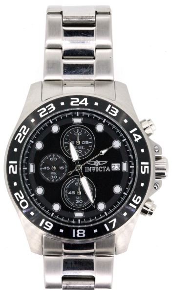 MENS STAINLESS INVICTA PRO DIVER CHRONO #15204: Stainless steel case and fliplock bracelet, Invicta model 15204, Pro Diver series, black luminous dial, fixed 24 hour bezel. Triple small dials; 1/10 second, 60 second, 60 minutes. Mineral crystal. Wa
