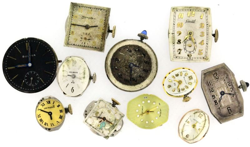 SMALL LOT OF 10 ANTIQUE MECHANICAL WATCH MOVEMENTS: All jeweled mechanical movements. Manufacturers are: Lancet, Elaine, Rebor, Hampden, Aphel, three by Bulova, Benrus, Helbros and Verono.