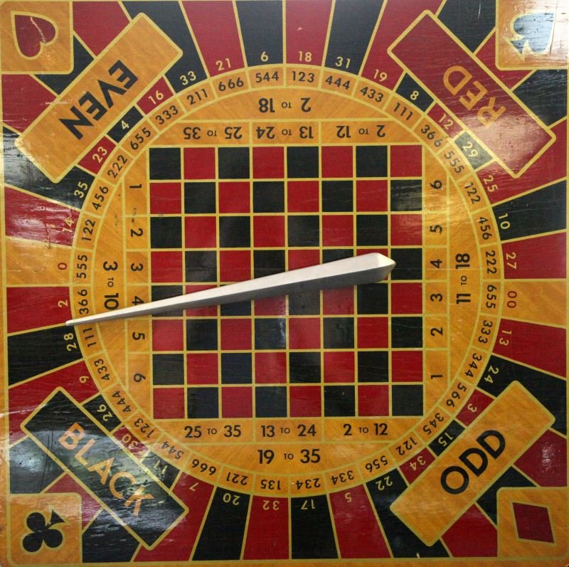 1950'S MONTE CARLO 5 IN 1 GAMING TABLE KEN WOODS: Measures 30x30x28 has detachable and stored under neat when not in use aluminum 16 1/2 inch table spinner for Roulette or wheel of fortune games, lacquer finish some scratches noted otherwise very goo