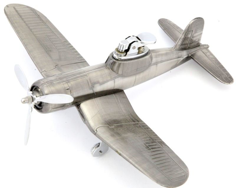 VINTAGE WWII CORSAIR AIRPLANE LIGHTER PAPERWEIGHT: Metal model Corsair F4U Airplane Lighters Aviation Tobacciana Paperweights Models Aircraft Space, heavily constructed desk top lighter, paper weight. Measures approximately 8.5 by 10 inches and weighs