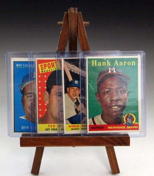 MANTLE AARON TED WILLIAMS CAMPANELLA CARD LOT: Four better cards, Roy Campanella 480, 4.5,Ted Williams 485, centered card clean 5, Mantle/Aaron 418, 4, Hank Aaron 30, 3.