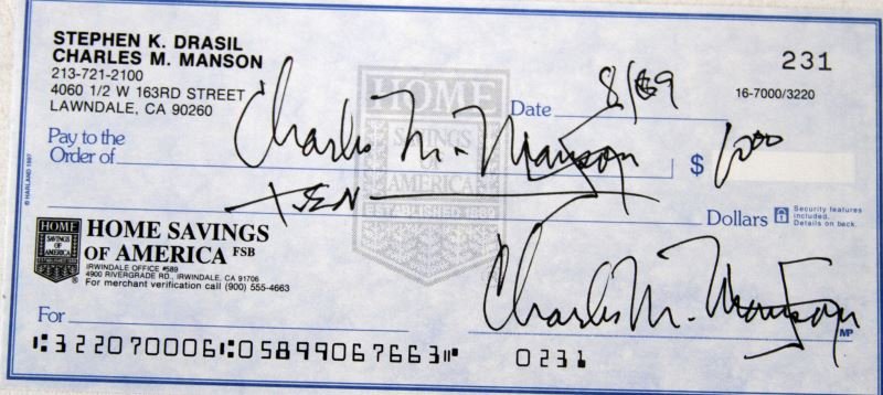 CHECK SIGNED TO AND FROM CHARLES MANSON WITH COA: Check comes with certificate of authenticity from Todd Mueller Autographs. Overall in very good condition.