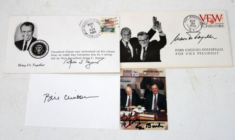 COLLECTON OF PRESIDENTIAL SIGNATURES NO COA: Includes signatures from Bill Clinton, George W. Bush, Nelson Rockefeller, and Spiro Agnew. Unauthenticated. Overall in very good condition.