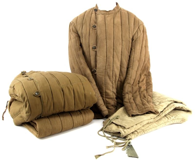2 WWII PADDED TELOGREIKA SOVIET RUSSIA UNIFORM: Two jackets and two trousers, original and very good.