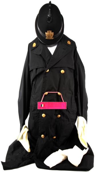 1950 MILAN ITALY POLICE HELMET RAIN COAT & GLOVES: From the collection of the World Police Museum, Milan Italy and is accompanied with COA, helmet is complete with badge, raincoat has collar insignia and full compliment of buttons, traffic control whi