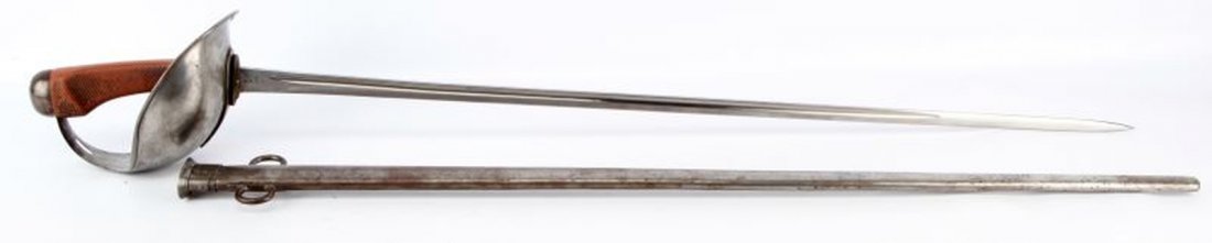 BRITISH MODEL 1908 CAVALRY SWORD DATED 1918: Heavy straight thrusting blade. Blade is stamped with a number of marks including broad arrow marks, Pattern mark on back of blade (P 08) Bending mark (X). Sword made by Sanderson Bros. & Neubold, Sca