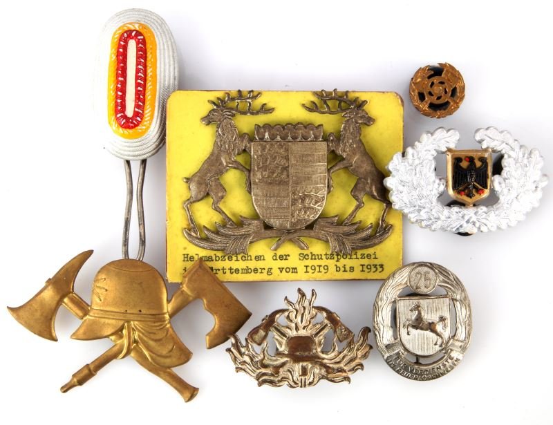 PRE WWII & POST WAR GERMAN POLICE CAP BADGE LOT: From the World Police Museum, Milan, Italy and accompanied with COA, early cap badge identified as Wurtemberg 1913 to 1933, and additional fire fighting as well as police insignia, removable mounting 