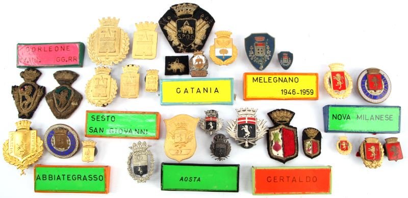 1940'S TO 60'S ITALY POLICE BADGE & INSIGNIA LOT: From the World Police Museum, Milan, Italy and will be accompanied with COA, eight different Italian cities, some rare Police memorabilia in this grouping.