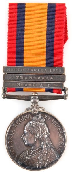 BRITISH BOER QSA MEDAL WITH 3 BARS NAME REMOVED: Queens South Africa medal with name removed from edge. Bars for "South Africa 1902", "Transvaal" and "Natal" are attached to ribbon. In very good condition with some ware to finish. New to the market