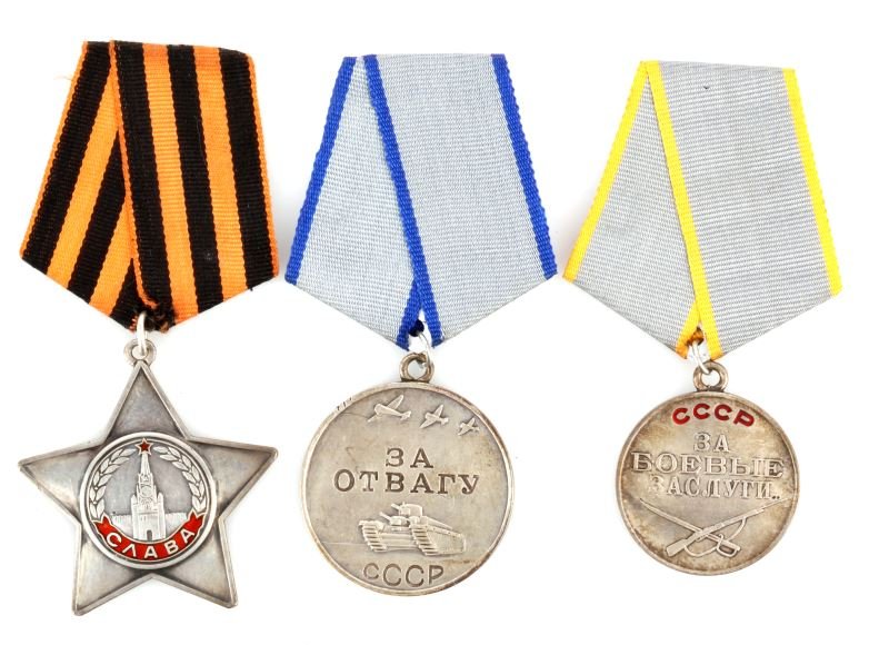 THREE SOVIET RUSSIAN NUMBERED CCCP WWII MEDALS: Included is a 3rd class "Order of Glory" medal #724897, a "Medal for Courage" #2280792 and a "medal for battle Merit" #1365927. All are in very good condition with some soiling to ribbons. New to the 
