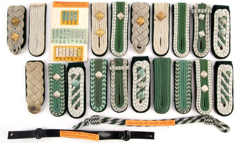 GERMAN BORDER POLICE RANK SHOULDER STRAPS SET: From the World Police Museum, Milan, Italy and accompanied with a COA, a near full compliment of singular straps, no pairs, post war.