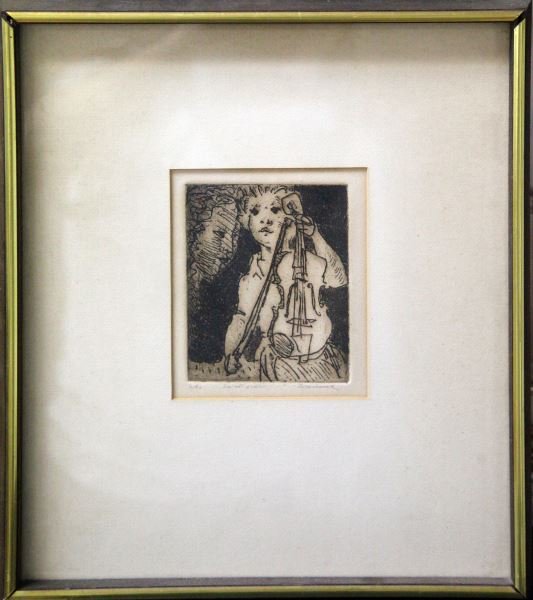 ROSENHOUSE ETCHING BOY WITH A VIOLIN NUMBER 6/90: Etching by Irwin Rosenhouse titled "Boy With A Violin". Measures approximately 4 by 5 inches, 12.5 by 14.5 inches framed. Has some yellowing around the edges. Overall good to very good condition.