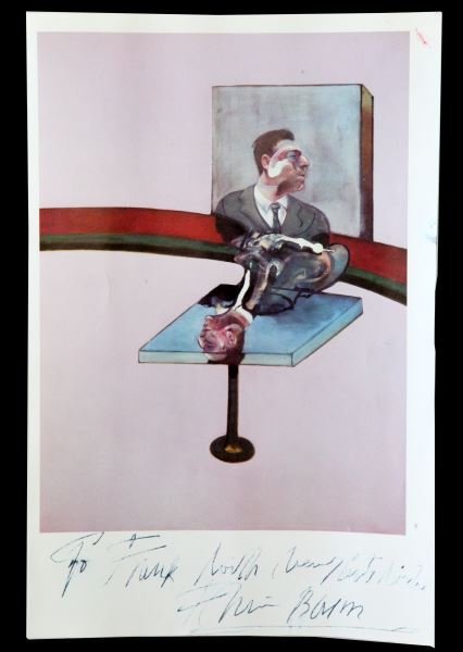 FRANCIS BACON SIGNED TRIPTYCH PRINT: Unauthenticated Francis Bacon (1909-1992) signature/autography on a Triptych (1971) print. Autograph is addressed to "Frank". Print has no signs of damage other than being rolled in a tube and some st