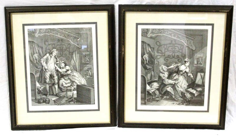 2 WILLIAM HOGARTH ENGRAVING PRINTS BEFORE & AFTER: Two William Hogarth engraving prints, titled "Before" and "After". Printed to bottom right "W. Hogarth Inv. et Pinx". Both have double matte frame within wooden frame. Measures 23.5 by 20 inches. Very