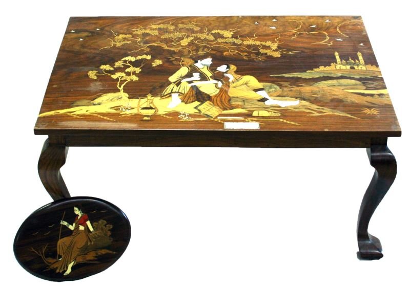 PERSIAN TEAK TABLE IVORY INLAID W RUBAIYAT SCENE: Finely inlaid table measuring 33.5 by 23.5 inches and standing 16 inches tall. Table is inlaid with a scene and verse from Omar Khayaam's Rubaiyat. Inlay is both ivory and various wood species contrib