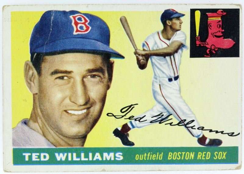 1955 TED WILLIAMS TOPPS 2 BASEBALL CARD RED SOX: Ted Williams, MVP, HOF, Boston Red Sox baseball card, 1955. Edge wear and crease to top left. Appears 3 or 4.