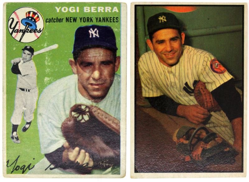 YOGI BERRA 1953 BOWMAN 121 1954 TOPPS 50 BASEBALL: Yogi Berra, New York Yankees, baseball card lot of 2. Includes 1953 Bowman color 121 (corner crease and straight), and 1954 Topps 50 (straight, scuffs to front) Both appear to be 3 or 4.