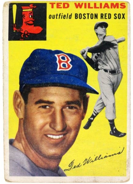 1954 TED WILLIAMS TOPPS #250 BASEBALL CARD GOOD: 1954 Ted Williams Topps 250 baseball card. Off-center to right, no white to top, no creases, good color, round and rough edges. About a 3.