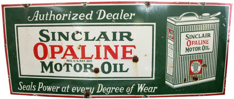 ORIGINAL VINTAGE SINCLAIR OPALINE MOTOR OIL SIGN: 48 by 20 inch enameled heavy gauge metal sign. In good to very good condition with some enamel loss and rust. Has slight curve to sign.