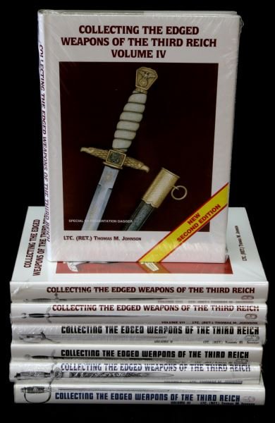 COLLECTING THE EDGED WEAPONS OF THE THIRD REICH: Seven-volume series by Lieutenant Thomas M. Johnson (retired US army) (Volumes I - VIII minus volume II (out-of-print). All wrapped in plastic, new condition. This lot has a reserve.