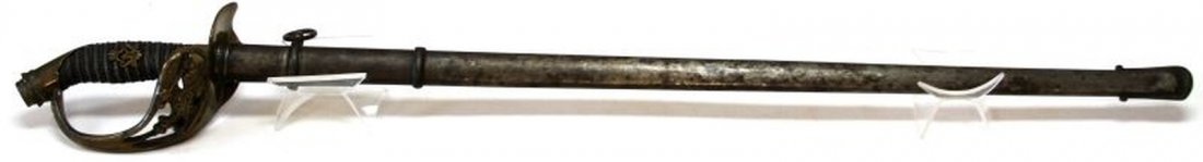 PRUSSIAN MODEL 1890 OFFICERS SWORD WITH SCABBARD: Made by Robert Hermes (Solingen) and duly marked on ricasso as such. With "W" below a crown and "90" below that on the back edge at ricasso. "B" below crown appears below that. Same crown and "B" appe