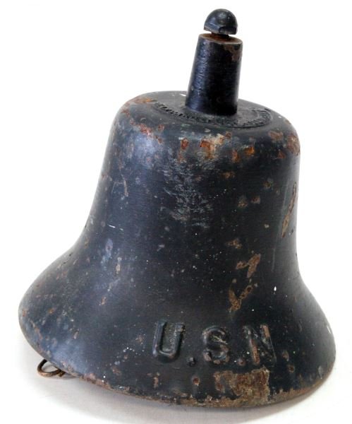 USN CAST IRON BELL MADE BY HARVARD LOCK COMPANY: Forged 9.25 inch diameter bell with "USN" on rim. Top has makers name (Harvard Lock Company). In very good condition with original clacker present. Some loss of black paint and minor surface rust.