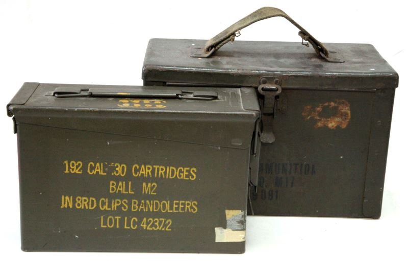 LOT OF 2 AUTHENTIC ARMY ISSUE AMMUNITIONS BOXES: Lot of 2 Army issue ammo boxes marked .30 Cal cartridges and .50 Cal cartridges both boxes are faded green with yellow stenciled markings. Latches are working and boxes stil close tightly and complete