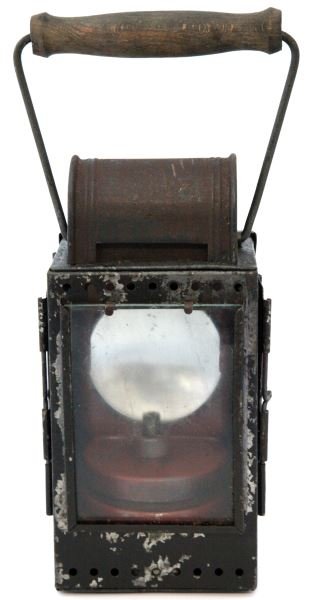 GERMAN NAZI DR STAMPED CARBIDE RAILROAD LANTERN: German railroad lantern stamped on back with Nazi eagle and swastika and "DR". Lantern is intact and in very good condition with some flat black paint loss and some deterioration to inside of removabl
